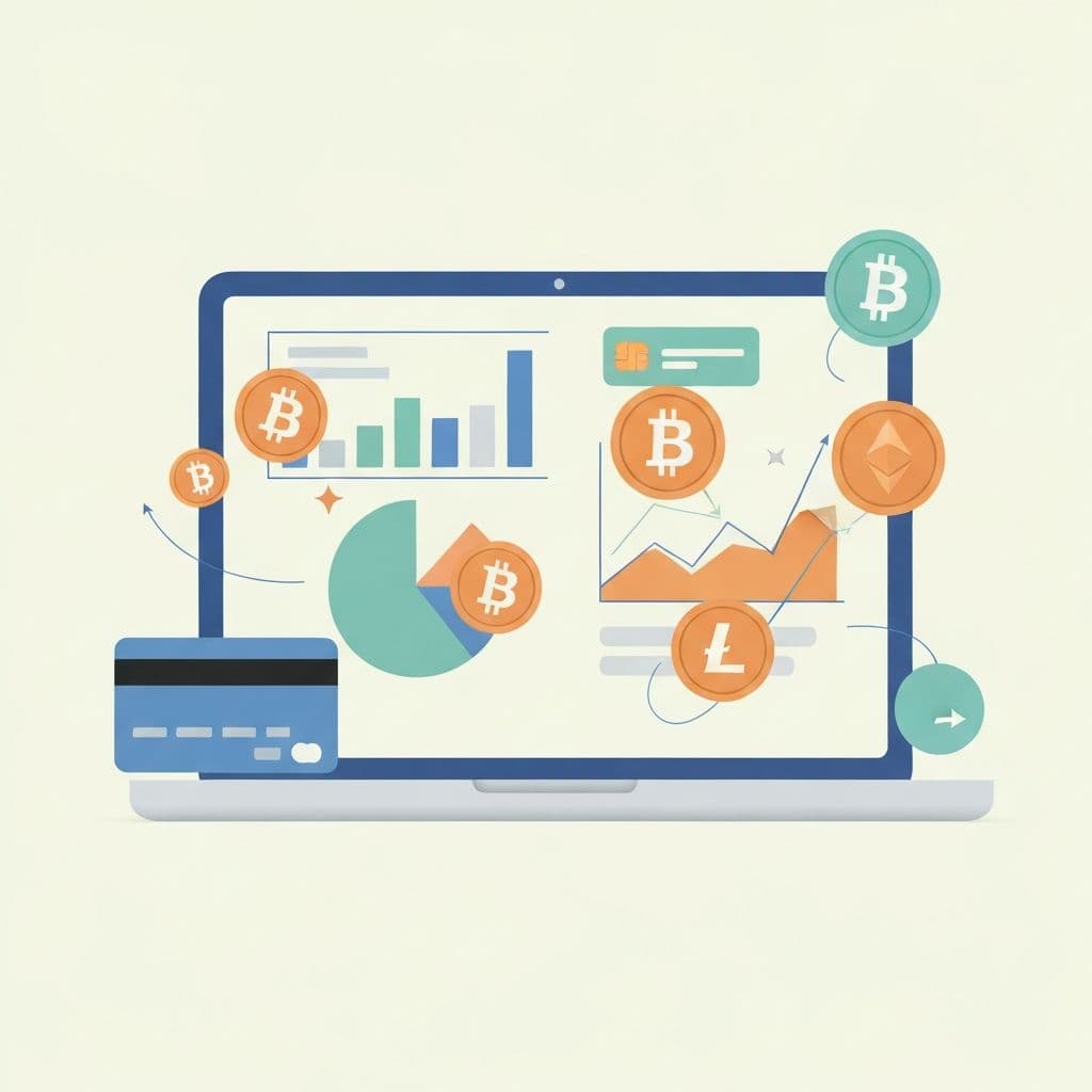Ilustracija kupovine kriptovaluta sa grafikonima i metodama plaćanja