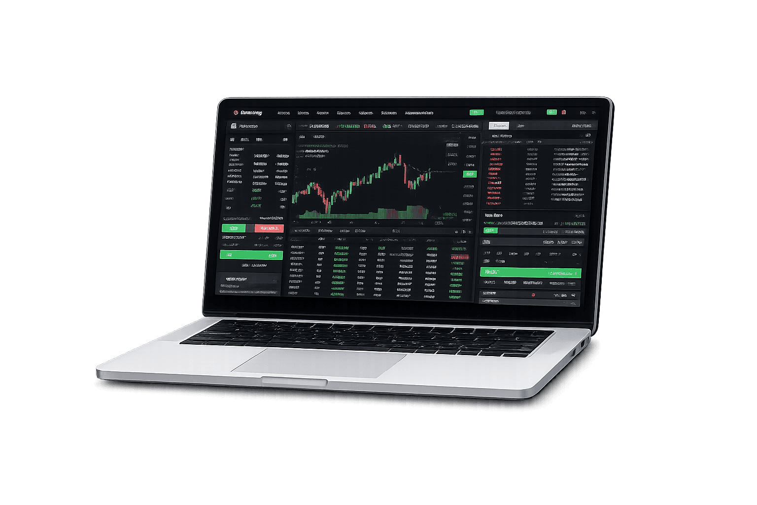 Laptop sa kripto trading platformom koja prikazuje grafikone cijena i order book