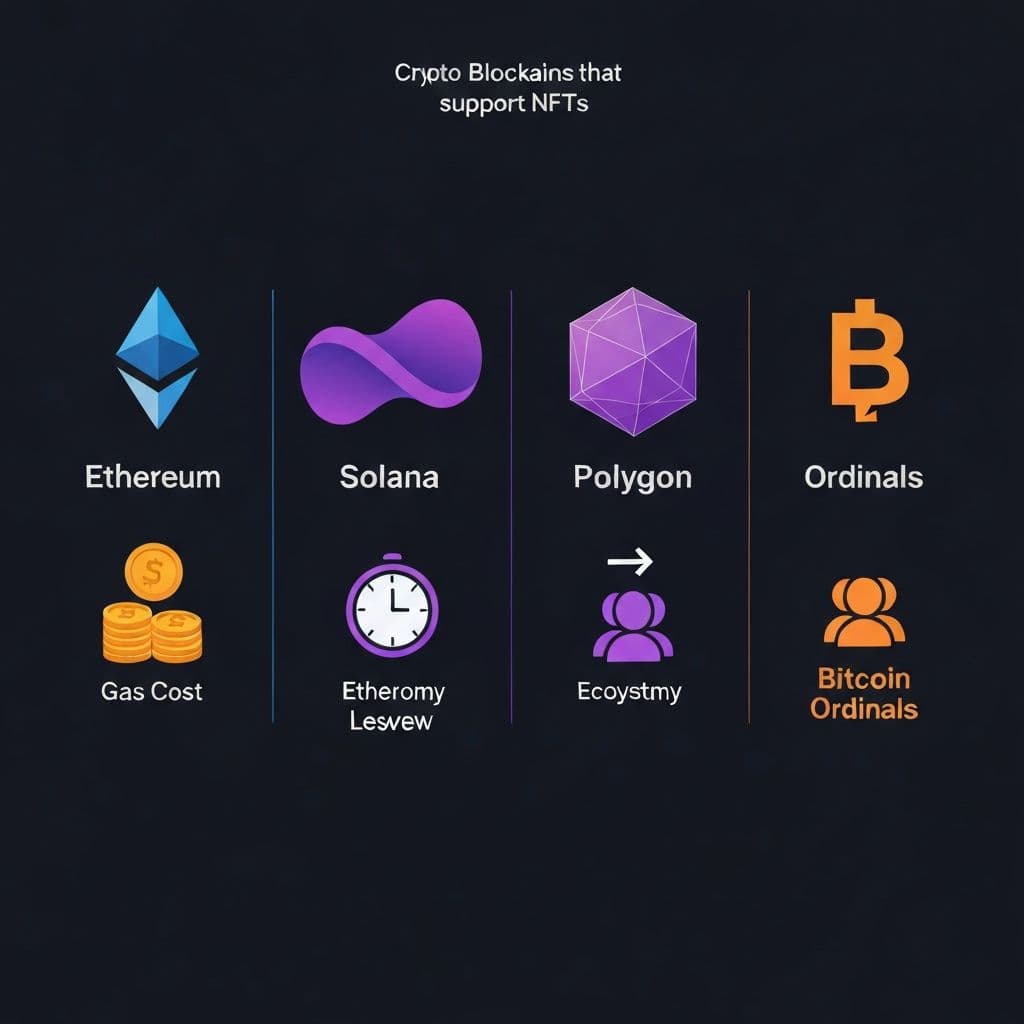 Poređenje blockchain mreža za NFT – Ethereum, Solana, Polygon i Bitcoin Ordinals sa razlikama u troškovima i brzini