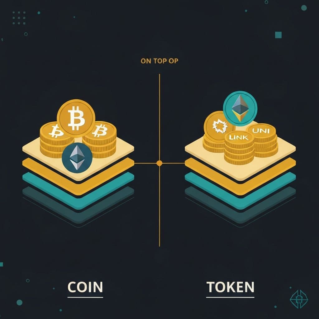 Dijagram koji prikazuje razliku izmedju kripto coina i tokena na blockchainu