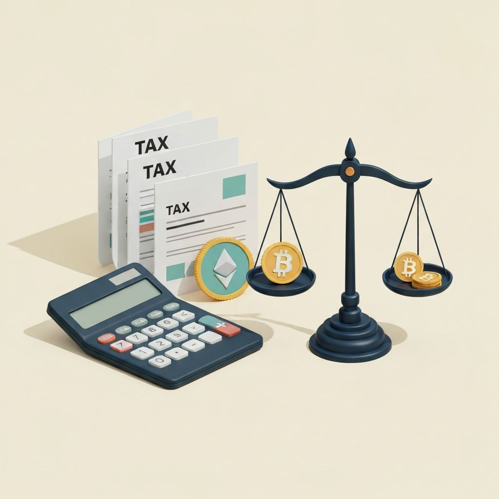 Ilustracija poreza na kriptovalute sa kalkulatorom i dokumentima